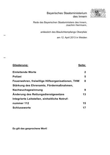 Rede anlÃ¤sslich des Blaulichtempfangs in der Oberpfalz