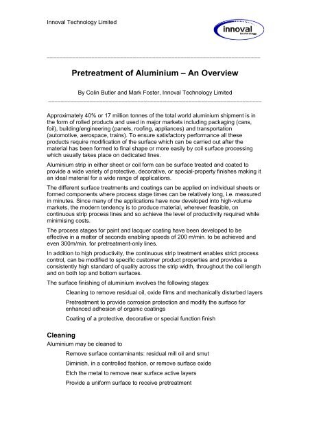 Pretreatment of Aluminium â An Overview - Innoval Technology Ltd