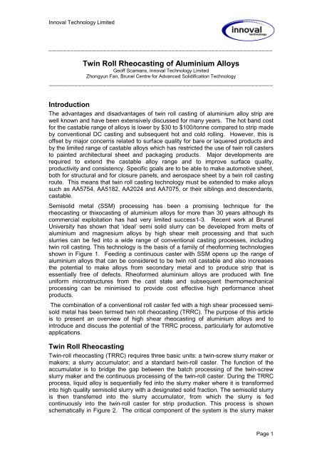 Twin Roll Rheocasting of Aluminium Alloys - Innoval Technology Ltd