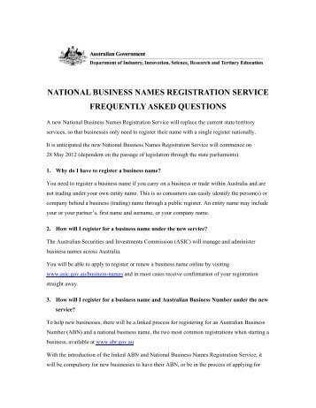 National Business Names Registration Service FAQs