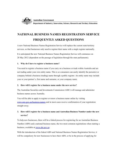 National Business Names Registration Service FAQs