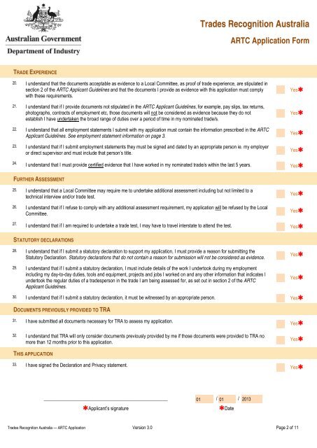 Trades Recognition Australia ARTC Application Form