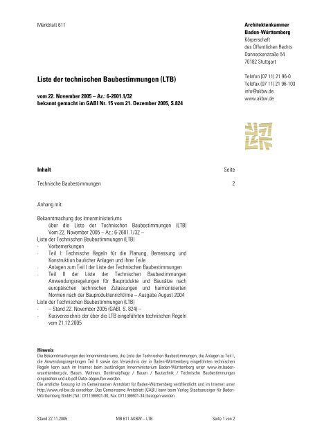 Liste der technischen Baubestimmungen (LTB) - bei inobatec
