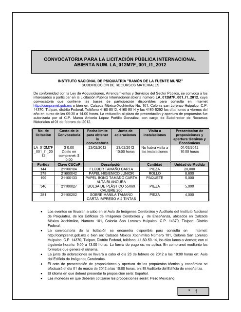 Convocatoria para la adquisiciÃ³n de materiales y suministros del ...