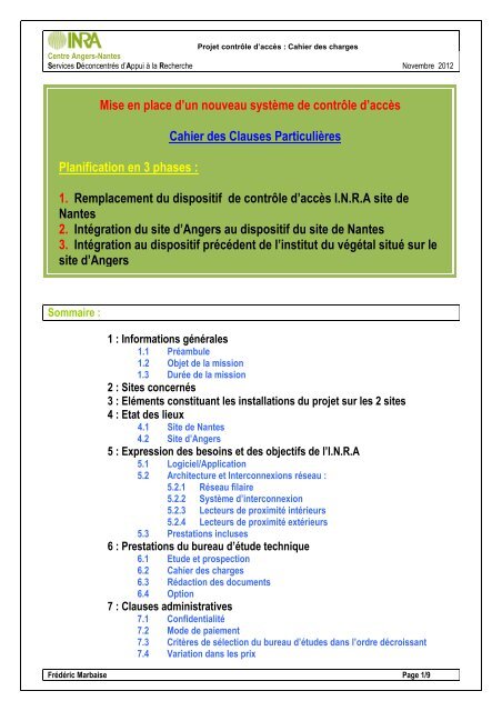 Cahier des charges INRA - Projet Contrôle d'accès Angers-Nantes