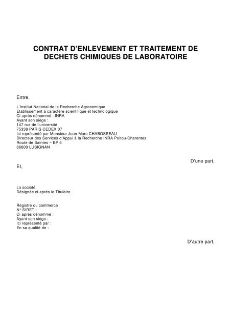 contrat d'enlevement et traitement de dechets chimiques de ...