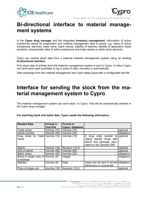 Bi-directional interface to material management systems - Cypro