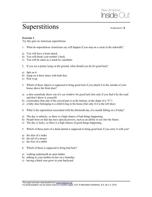Superstitions WORKSHEET A - Inside Out