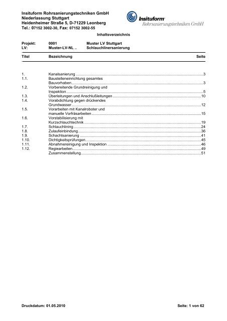 Muster Lv Im Pdf Format Insituform Rohrsanierungstechniken