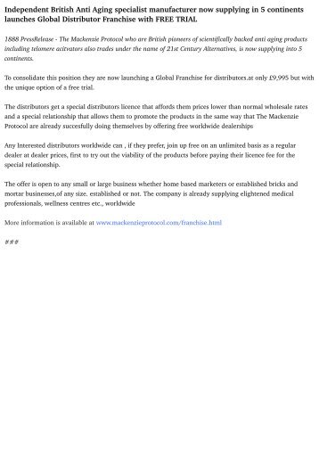 Independent British Anti Aging specialist manufacturer now supplying in 5 continents launches Global Distributor Franchise with FREE TRIAL