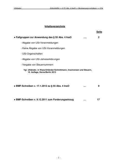 Anlage Nr. 2 Arbeitshilfe § 55 Abs. 4 InsO - Institut für Insolvenzrecht