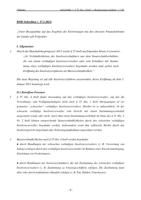 Anlage Nr. 2 Arbeitshilfe § 55 Abs. 4 InsO - Institut für Insolvenzrecht