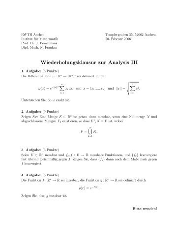 Wiederholungsklausur zur Analysis III - Institut fÃ¼r Mathematik