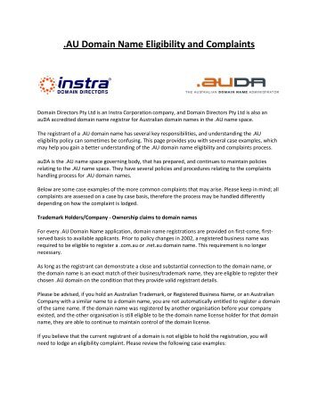 .AU Domain Name Eligibility and Complaints - Instra Corporation