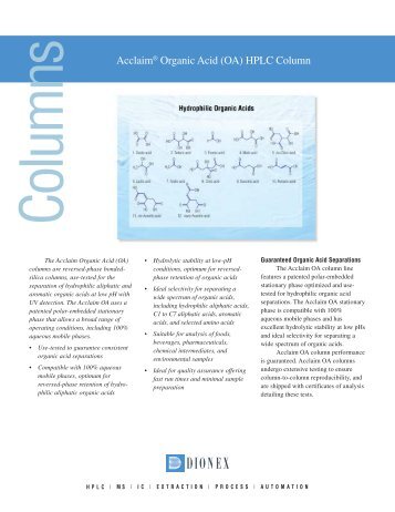 Acclaim Organic Acid (OA) HPLC Column Data Sheet - Dionex