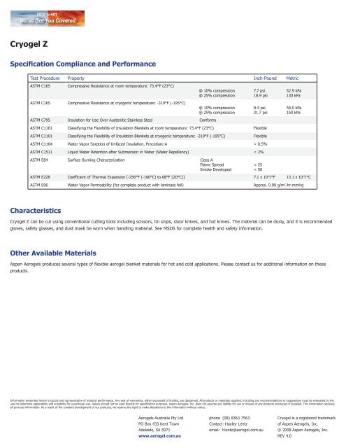 Cryogel Z Datasheet - Insulation Industries