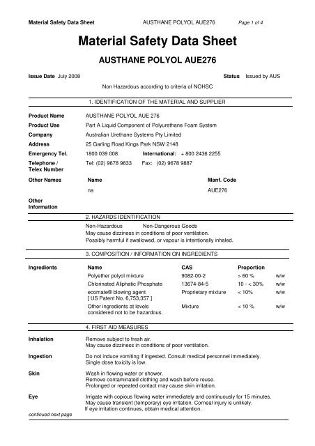 Material Safety Data Sheet - Insulation Industries