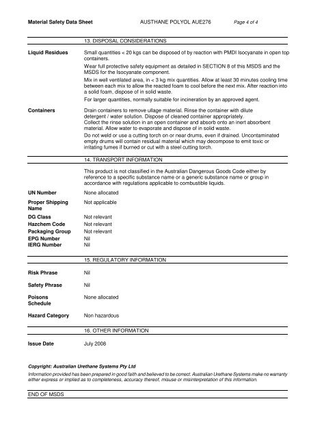 Material Safety Data Sheet - Insulation Industries