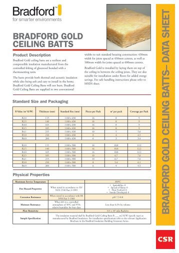 Gold Glasswool ceiling batts by CSR Bradford data sheet