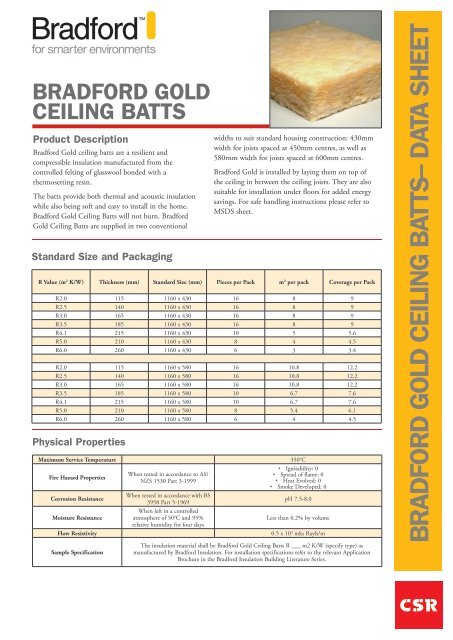 Gold Glasswool Ceiling Batts By Csr Bradford Data Sheet