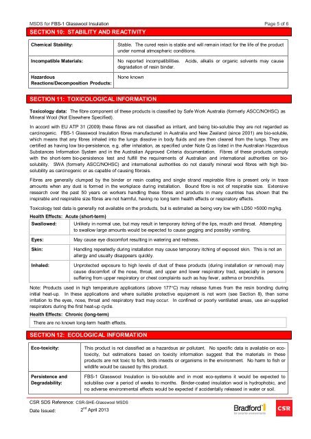 Glasswool MSDS - CSR Bradford