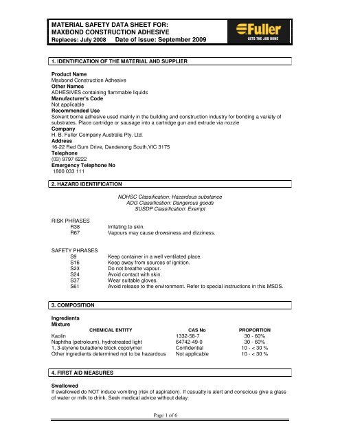 Maxbond MSDS - Insulation Industries