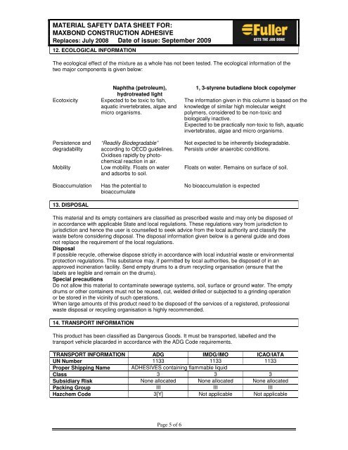 Maxbond MSDS - Insulation Industries