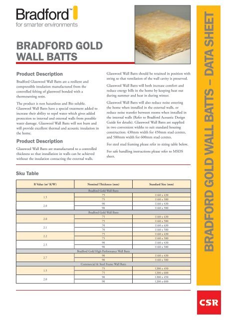 Gold Glasswool Wall Batts By Csr Bradford Datasheet Insulation