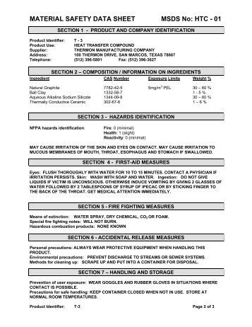 MATERIAL SAFETY DATA SHEET MSDS No: HTC - 01 - Insulation ...