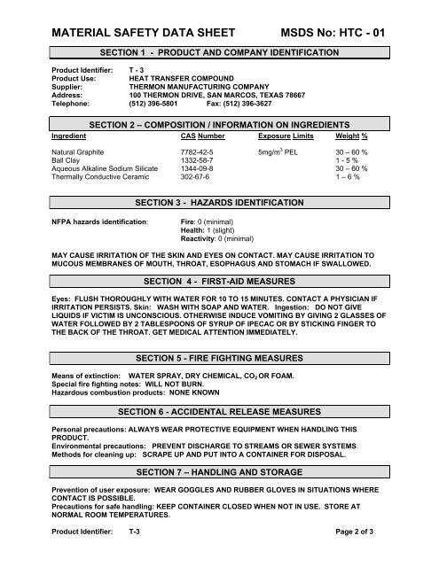 MATERIAL SAFETY DATA SHEET MSDS No: HTC - 01 - Insulation ...