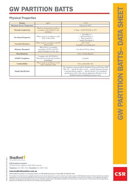 G W PA R TITIO N B ATTSâ d ATA Sh eeT - Insulation Industries