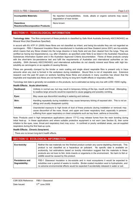 Glasswool MSDS - Insulation Industries