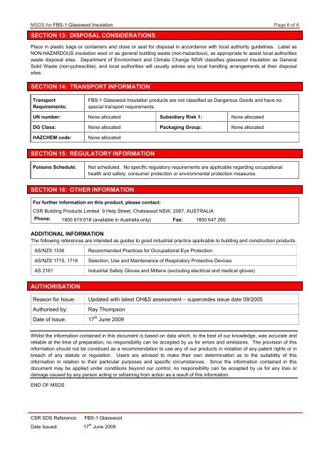 Glasswool MSDS - Insulation Industries