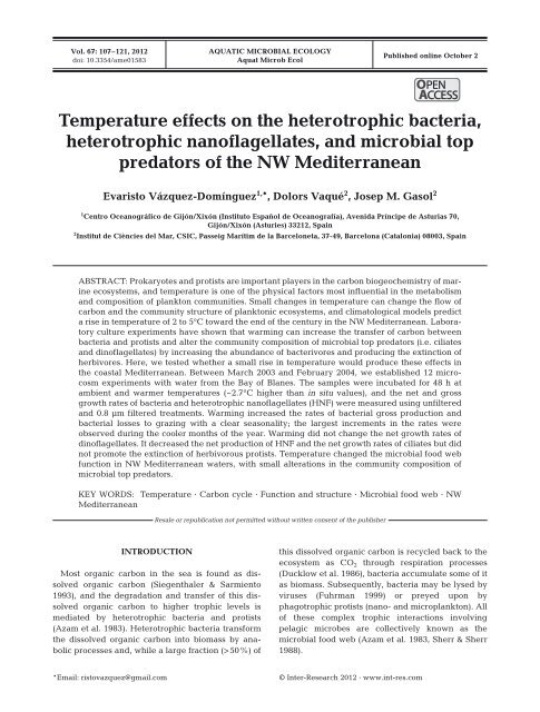 Temperature effects on the heterotrophic bacteria, heterotrophic ...