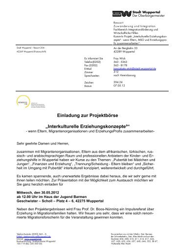 Einladung ProjektbÃ¶rse 30.05.2012 - Integration in Wuppertal