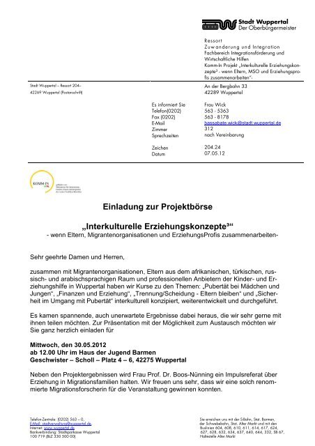 Einladung ProjektbÃ¶rse 30.05.2012 - Integration in Wuppertal