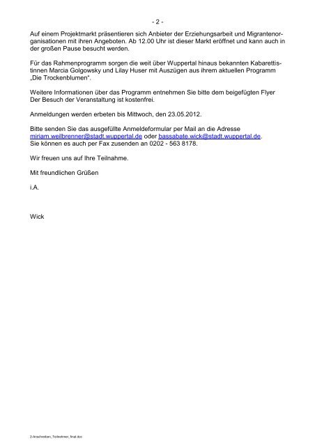 Einladung ProjektbÃ¶rse 30.05.2012 - Integration in Wuppertal