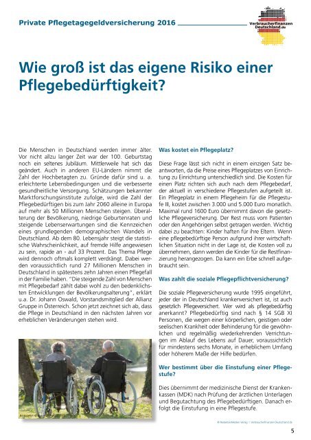 Private Pflegetagegeldversicherung 2016! - Die STUDIE