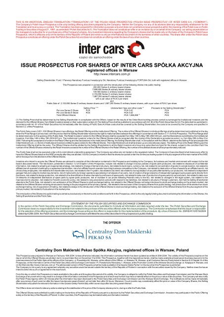 Issue Prospectus For Shares Of Inter Inter Cars Sa