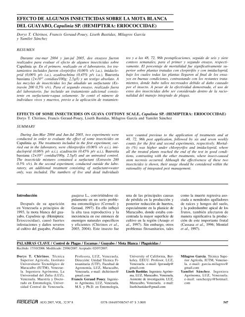 EFECTo DE ALGunoS InSECTICIDAS SoBRE LA MoTA ... - SciELO