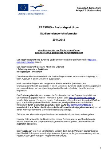 Auslandspraktikum Studierendenberichtsformular 2011/2012