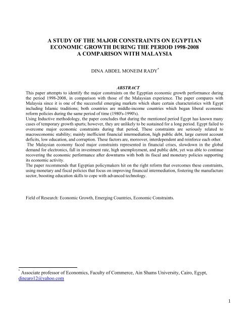 a study of the major constraints on egyptian economic growth during ...