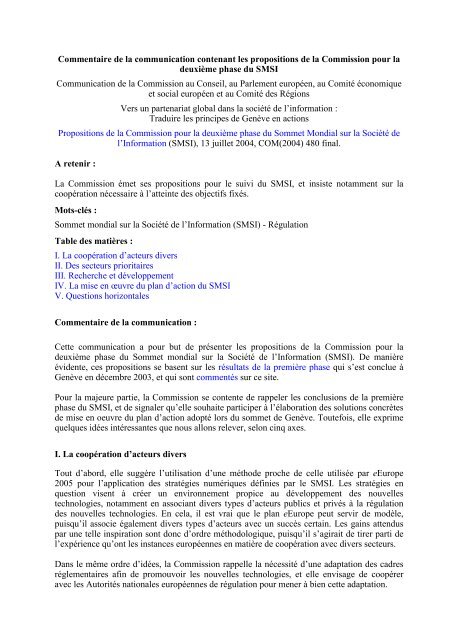 Commentaire de la communication contenant les propositions de la ...