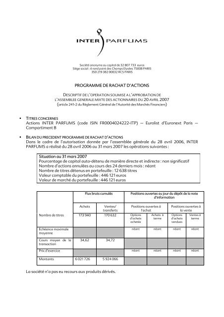 PROGRAMME DE RACHAT D'ACTIONS Actions INTER PARFUMS ...