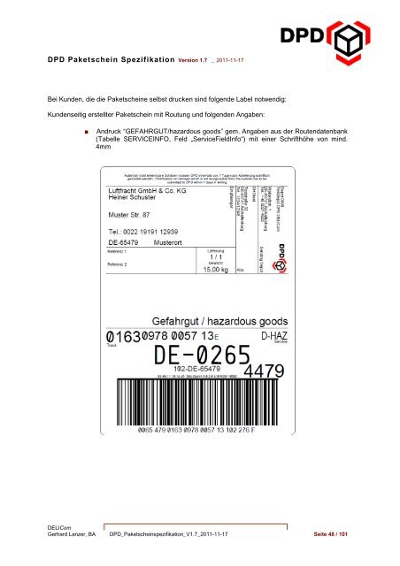 DPD Paketschein Spezifikation 1.7  D