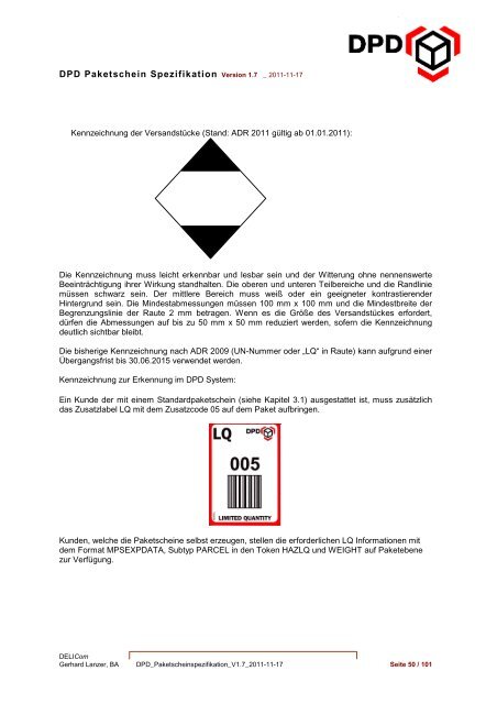 DPD Paketschein Spezifikation 1.7  D