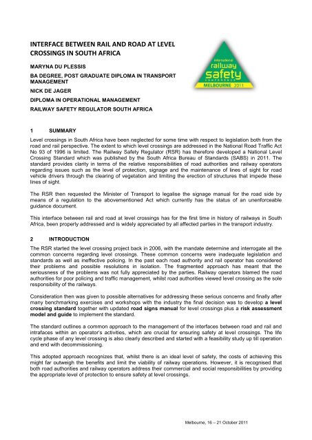 Interface Between Rail And Road At Level Crossings In South Africa