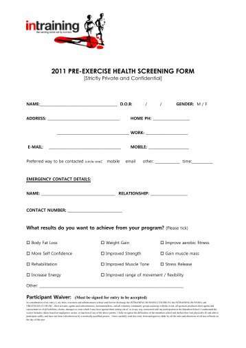 2011 PRE-EXERCISE HEALTH SCREENING FORM - Intraining