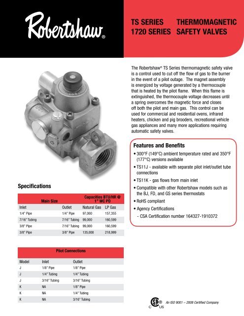 RobertShaw 1720 006 Safety Gas Valve RobertShaw 1720 006 Safety Gas Valve