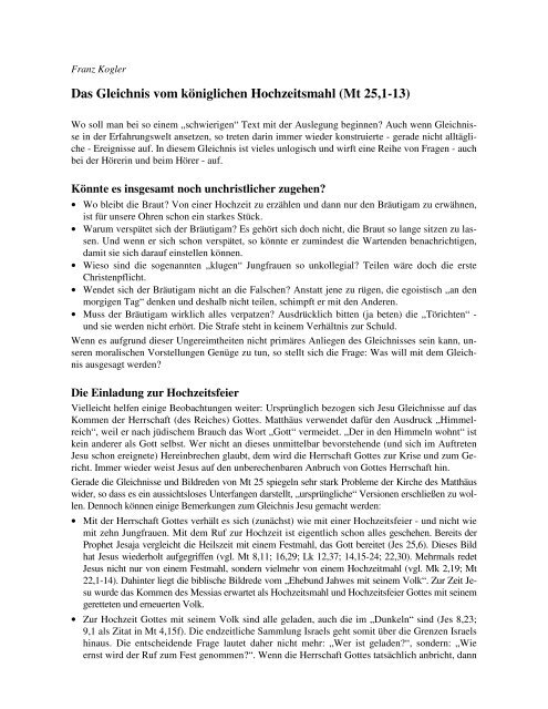 Das Gleichnis vom königlichen Hochzeitsmahl (Mt 25 1-13)